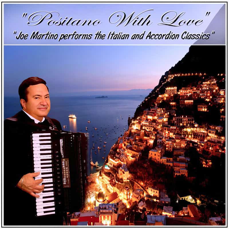 Positano With Love album cover showing Joe with an accordion and an Italian coastal view