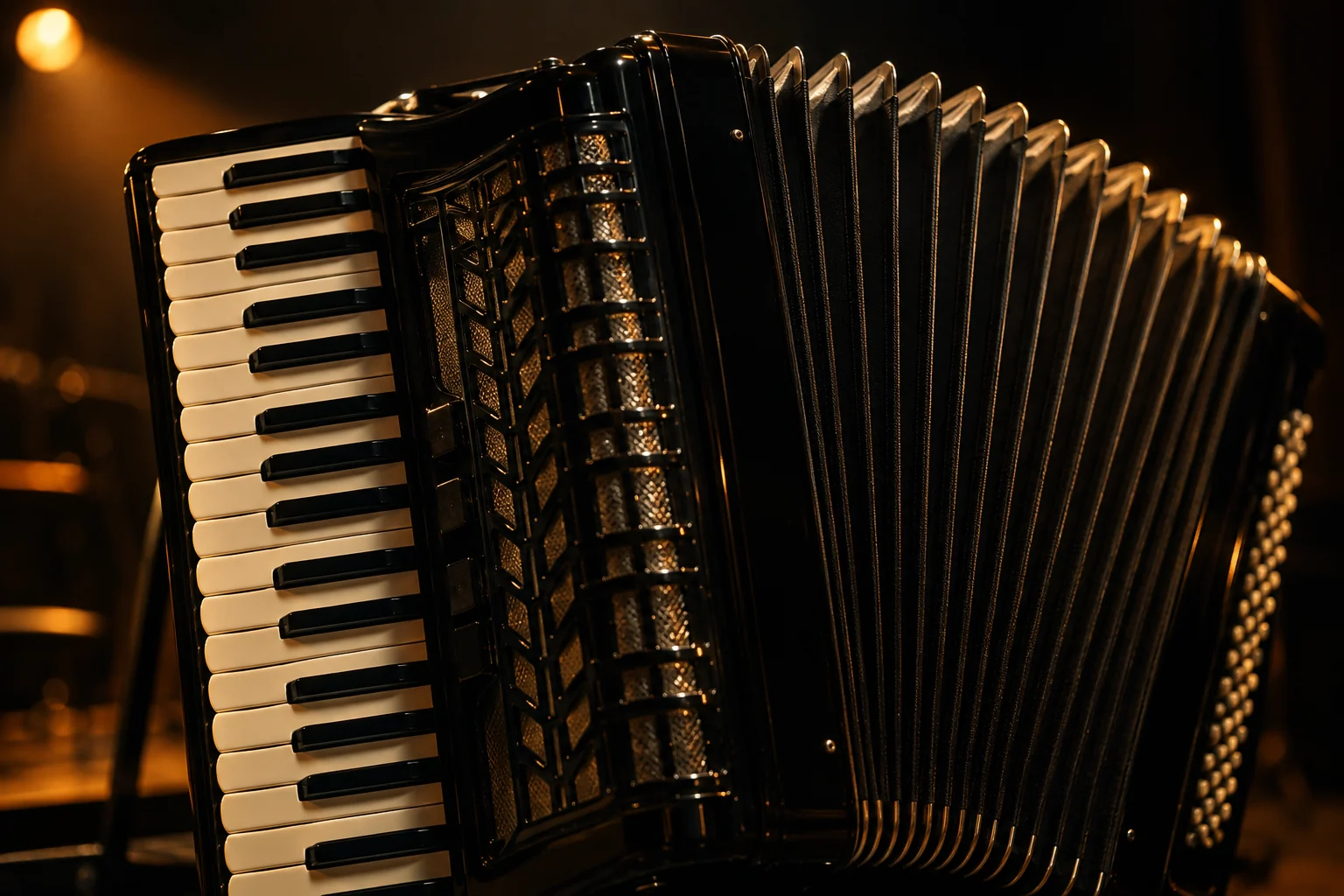 Illustrative close-up of black accordion bellows and ivory piano keys