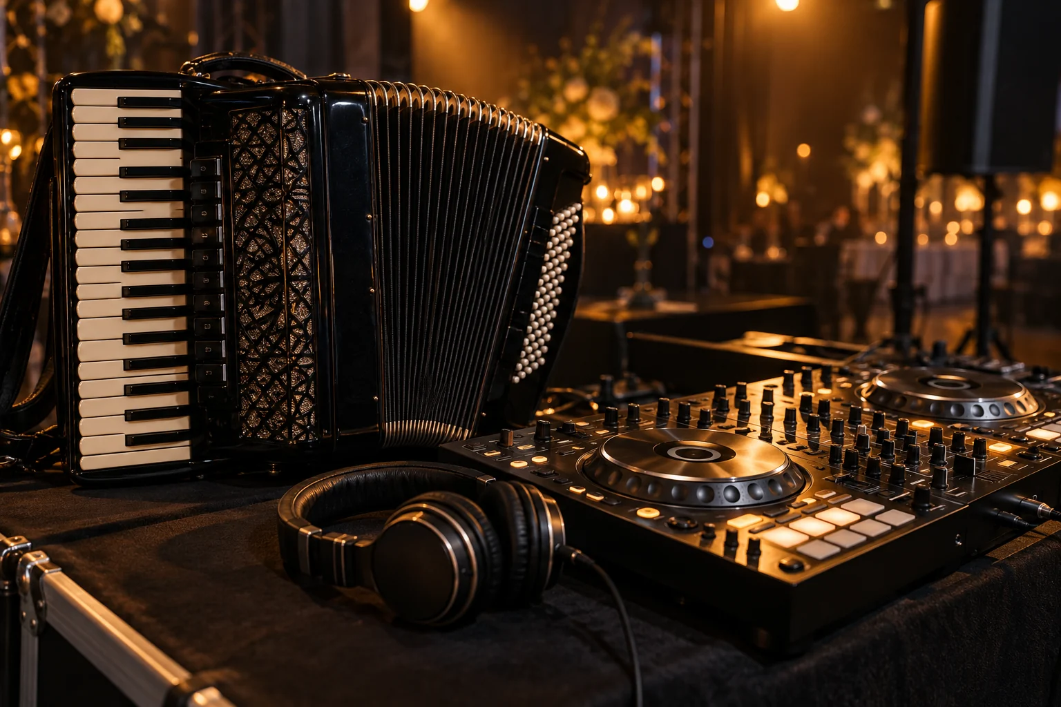 Illustrative still life of an accordion, DJ controller and headphones