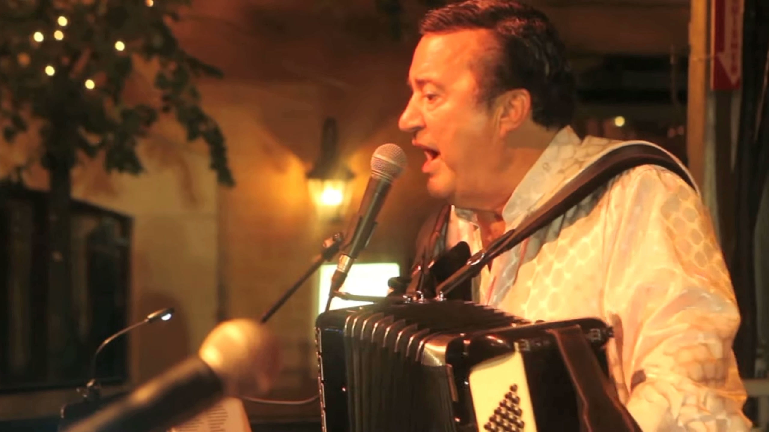 Joe Martino singing into the microphone while playing accordion under warm stage lights