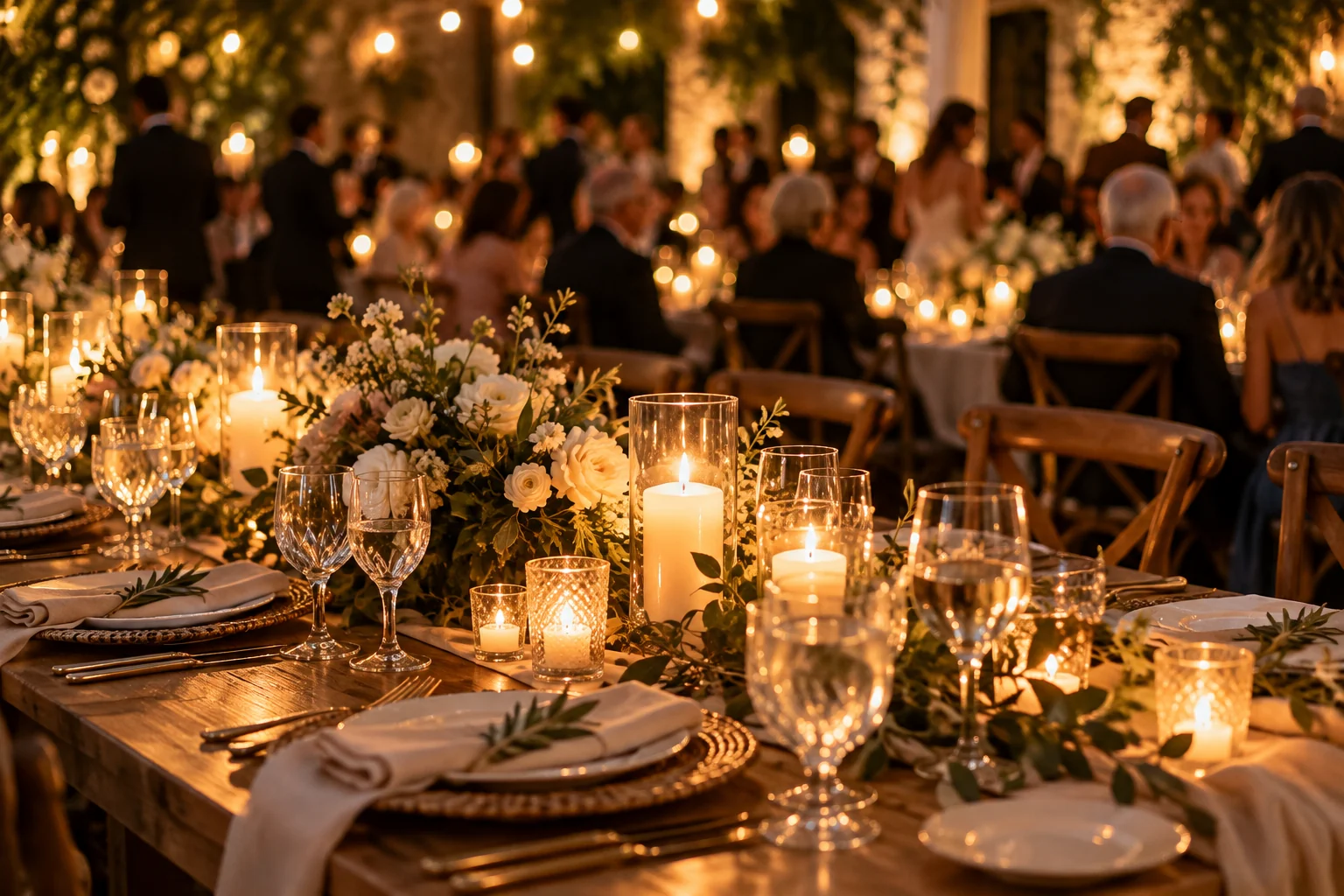 Illustrative warm candlelit reception with guests sharing a meal